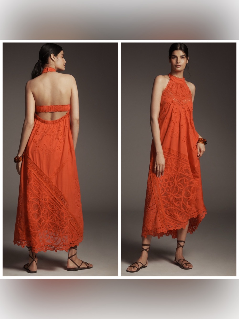 Anthropologie Rust Orange Halter Eyelet Midi Dress